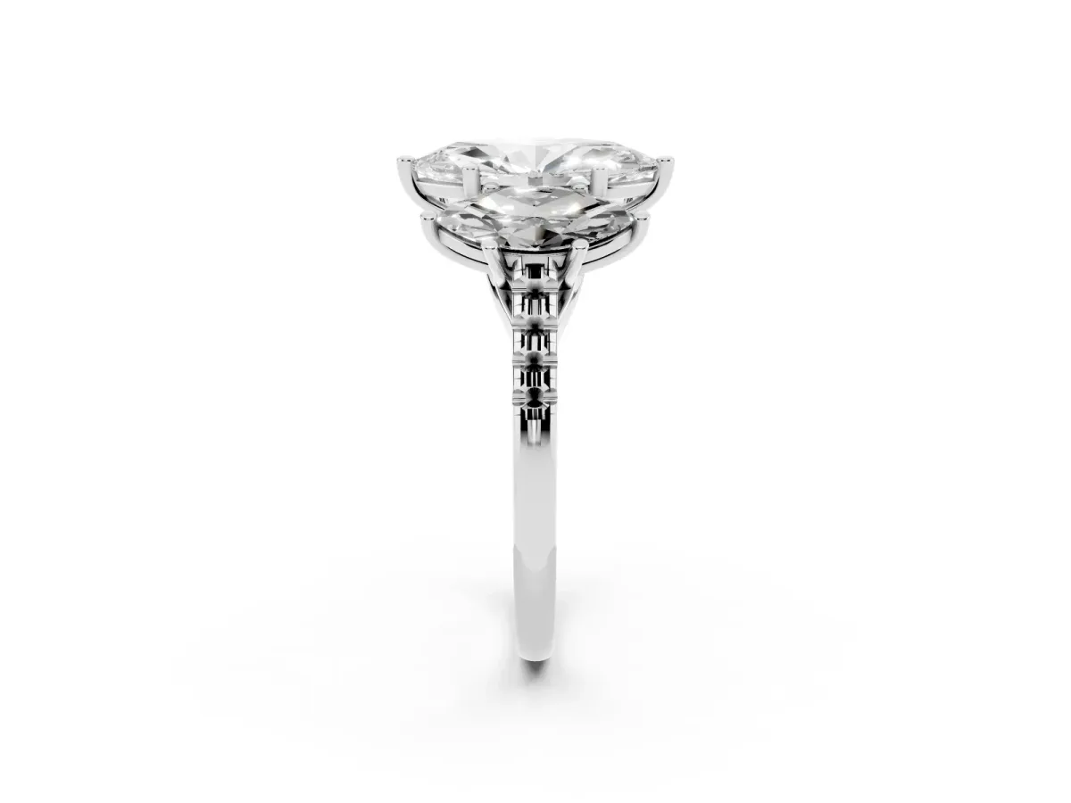 Three-Stone Marquise Cut Diamond Ring with Round Pavé Band and Prong Setting Silver