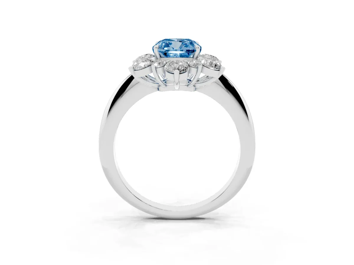 Fancy Blue Cushion Cut Diamond Cluster Halo Ring with Solitaire Band and Four-Prong Setting Silver