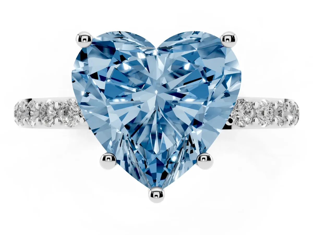 Fancy Blue Heart Cut Diamond Solitaire Ring with Round Pavé Shoulders and Prong Setting Silver