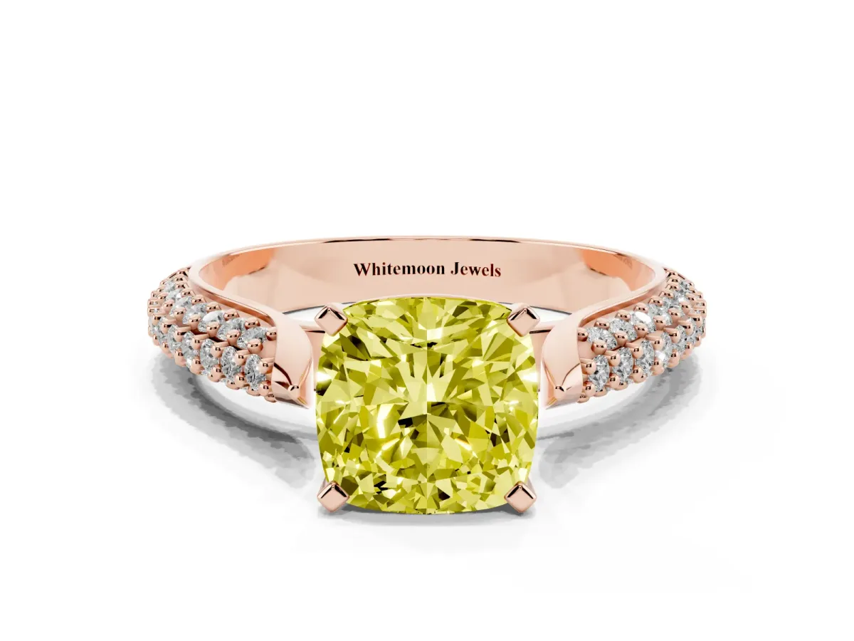 Fancy Yellow Cushion Cut Diamond Solitaire Engagement Ring with Multi-Row Round Pavé Band and Prong Setting Rose gold