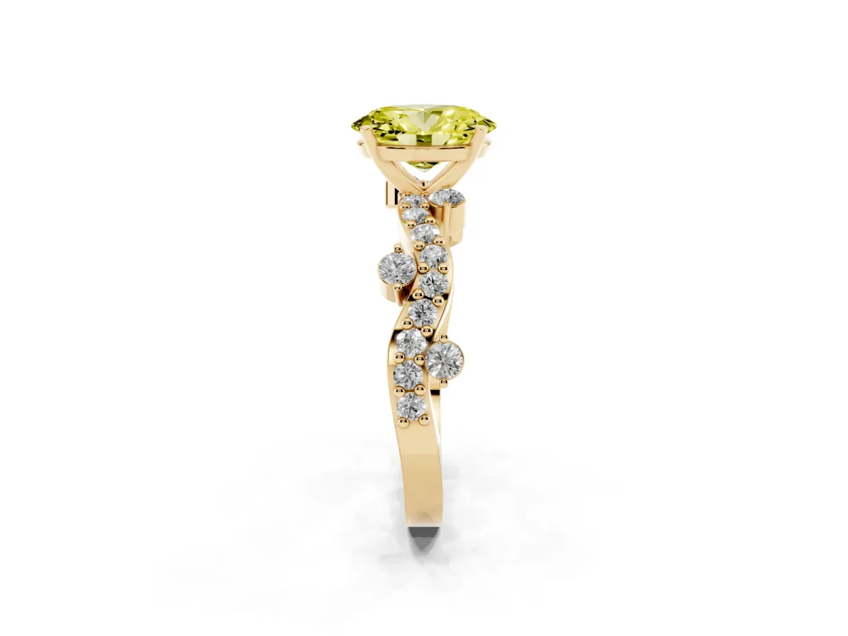 Fancy Yellow Oval Cut Cut Solitaire Diamond Twisted Band with Pave Setting Yellow gold