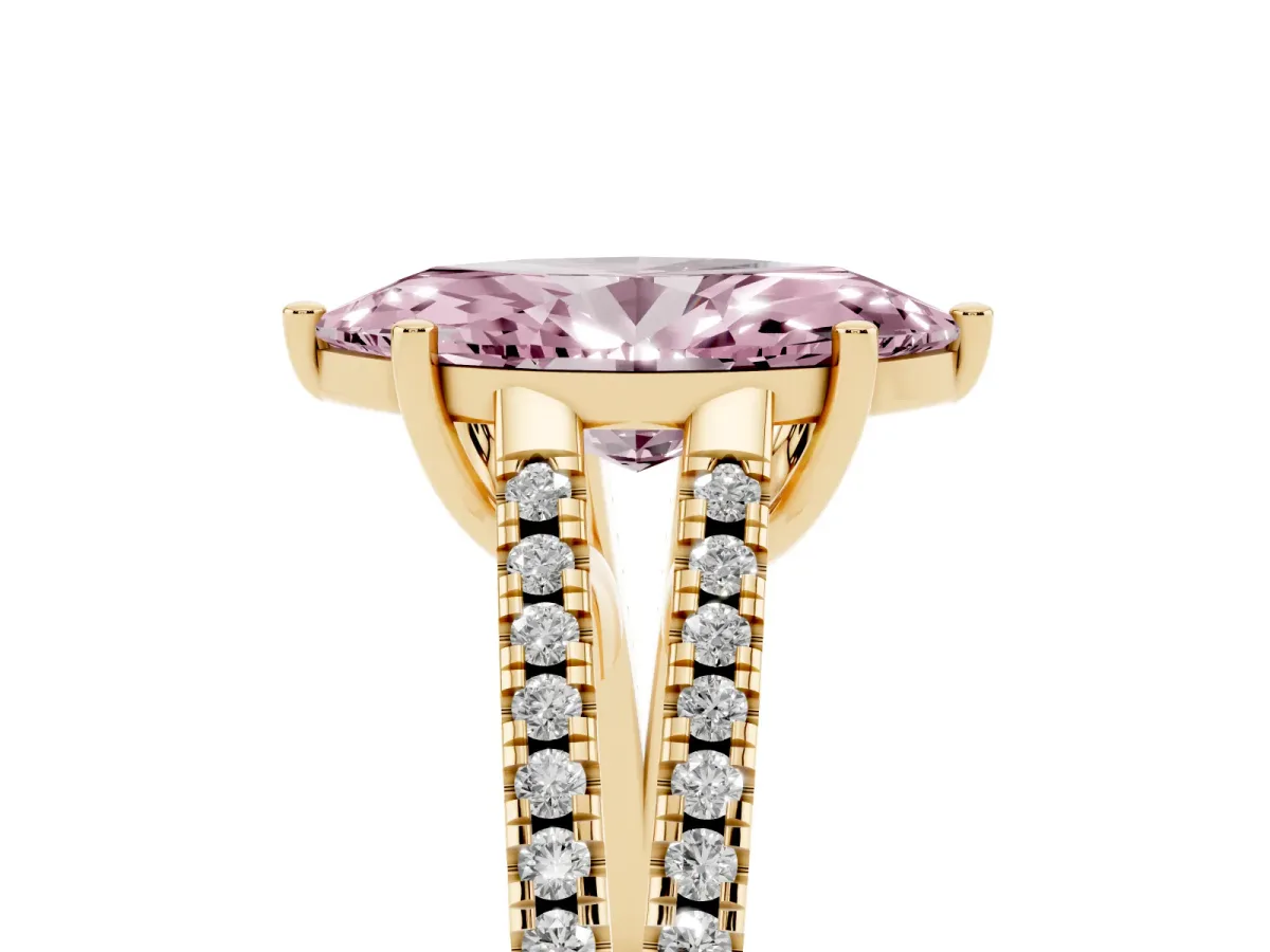 Fancy Pink Marquise Cut Diamond Solitaire Engagement Ring with Split Shank Pavé Band Yellow gold