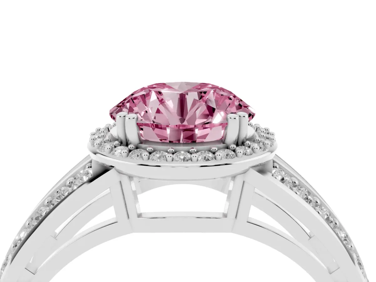 Fancy Pink Round Cut Diamond Halo Ring with Split Shank Pavé Band and Four-Prong Setting Platinum