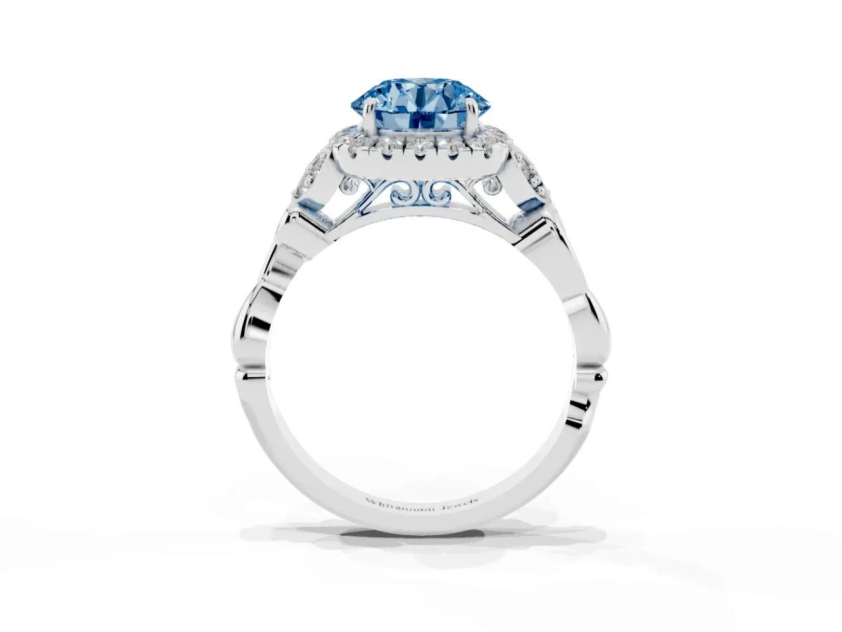 Fancy Blue Round Cut Halo Diamond Engagement Ring with Vintage-Inspired Band and Four-Prong Setting Silver