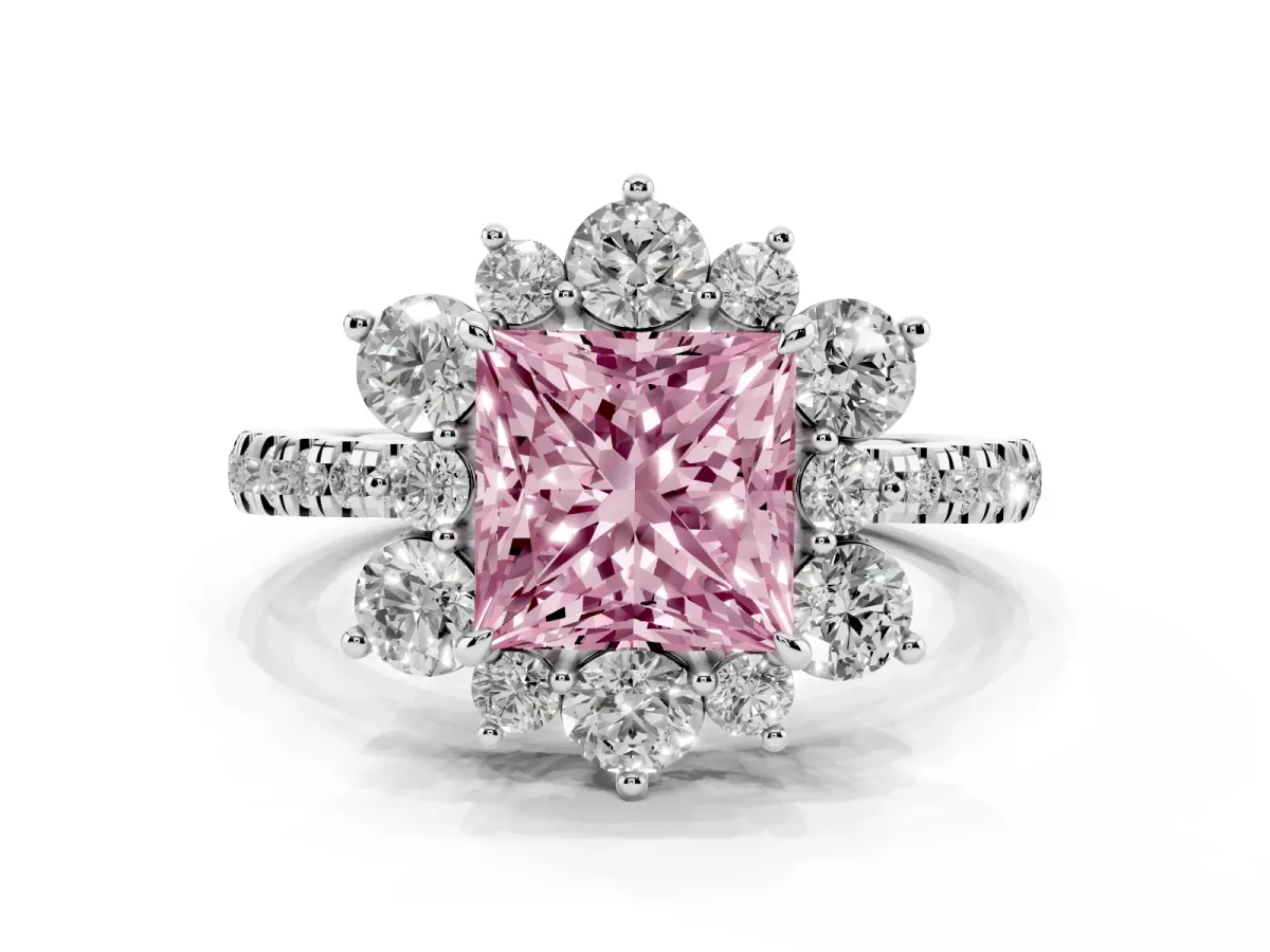 Fancy Pink Princess Cut Diamond Floral Halo Ring with Round Pavé Band and Prong Setting Silver