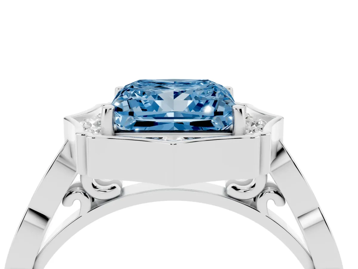 Fancy Blue Princess Cut Halo Diamond Engagement Ring with Milgrain Band and Four-Prong Setting Silver