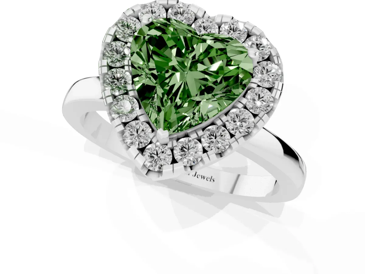 Fancy Green Heart Cut Halo Diamond Solitaire with Pavé Band and Four-Prong Setting Silver