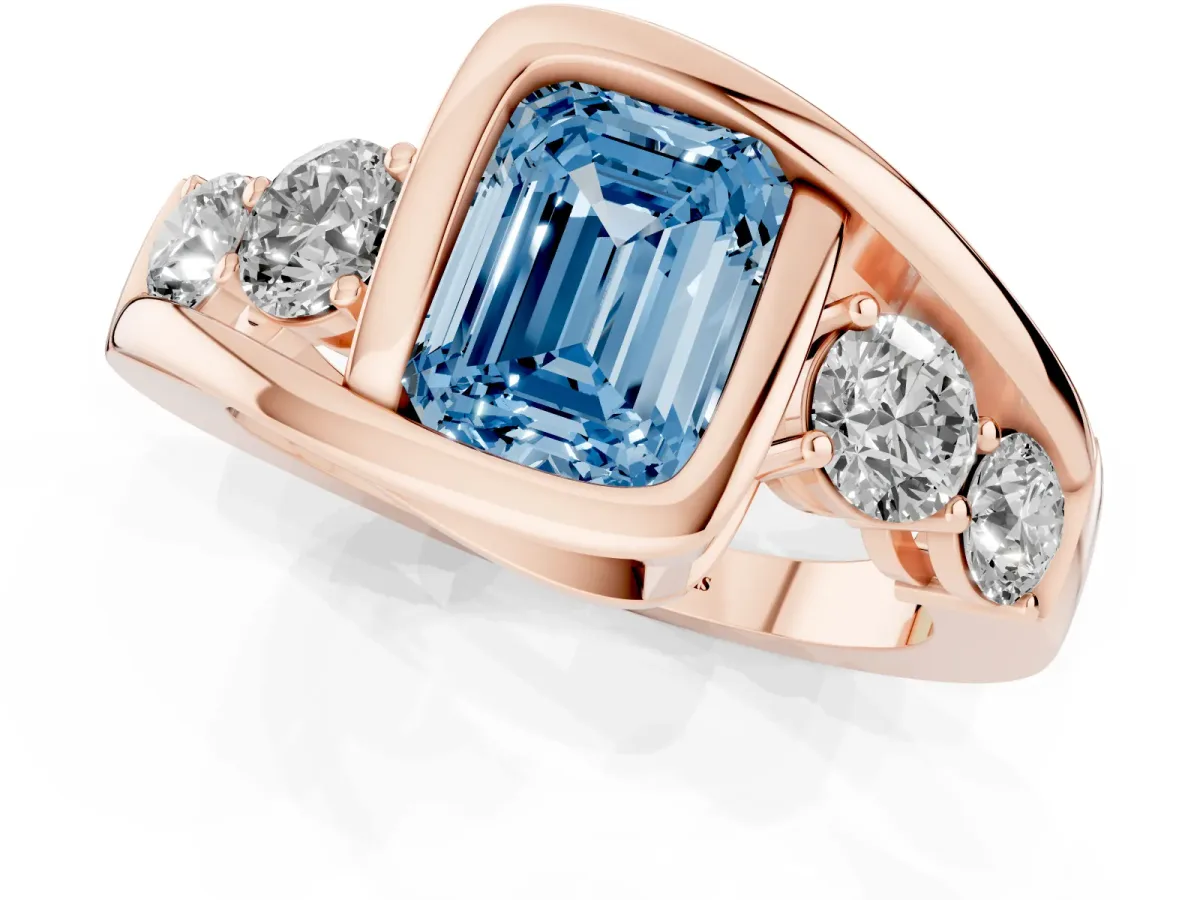 Fancy Blue Bezel Set Emerald Cut Diamond Bypass Ring with Round Accents Rose gold