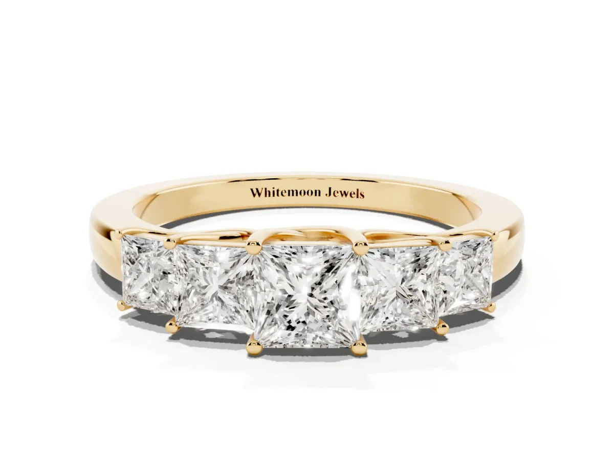 Princess Cut Five-Stone Diamond Ring with Classic Prong Setting Yellow gold