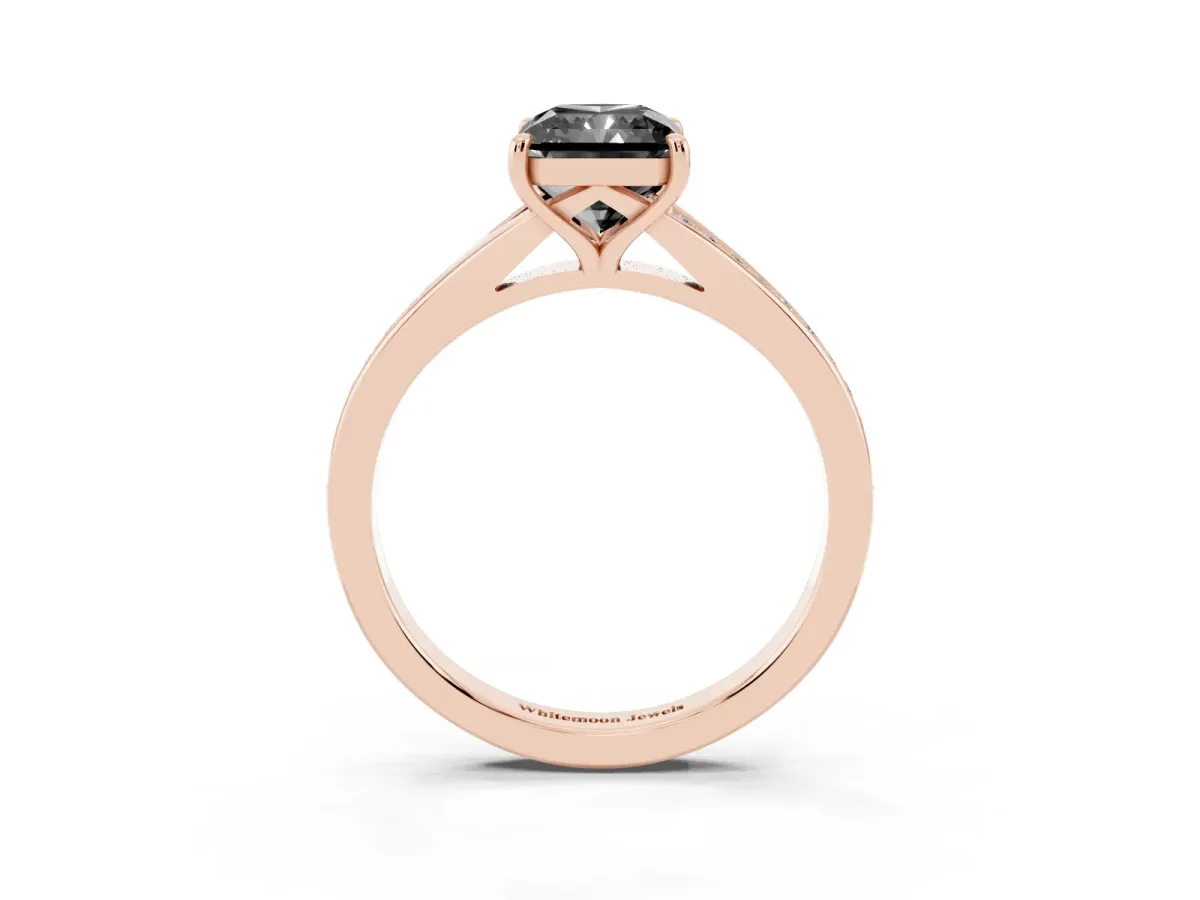 Fancy Black Radiant Cut Diamond Solitaire Ring with Pavé Band and Prong Setting Rose gold