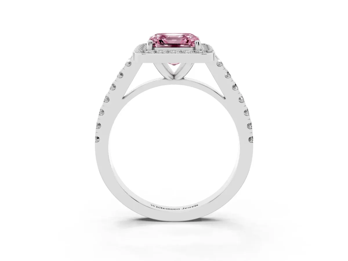 Fancy Pink Asscher Cut Diamond Halo Ring with Round Pavé Split Shank and Prong Setting Silver