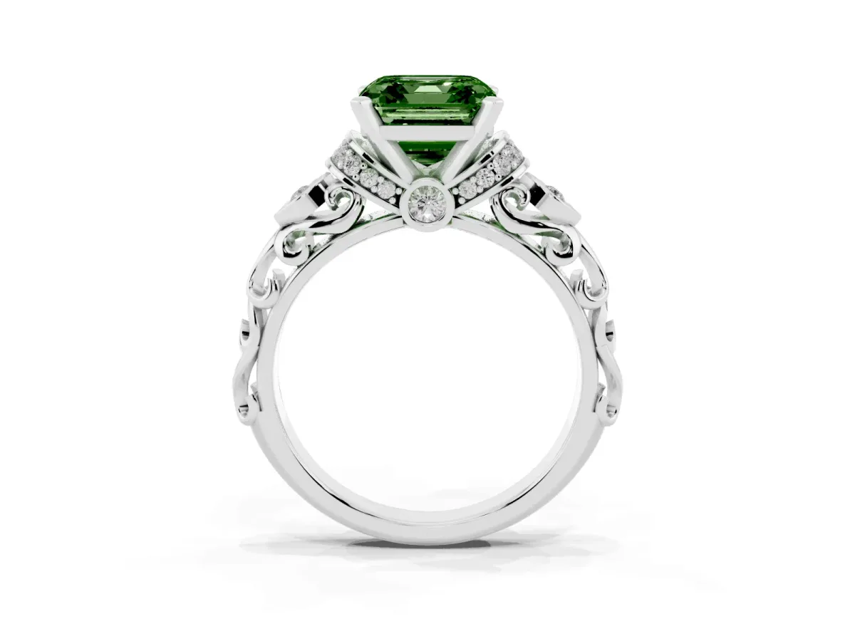Fancy Green Asscher Cut Diamond Solitaire Ring with Filigree Band and Four-Prong Setting Platinum