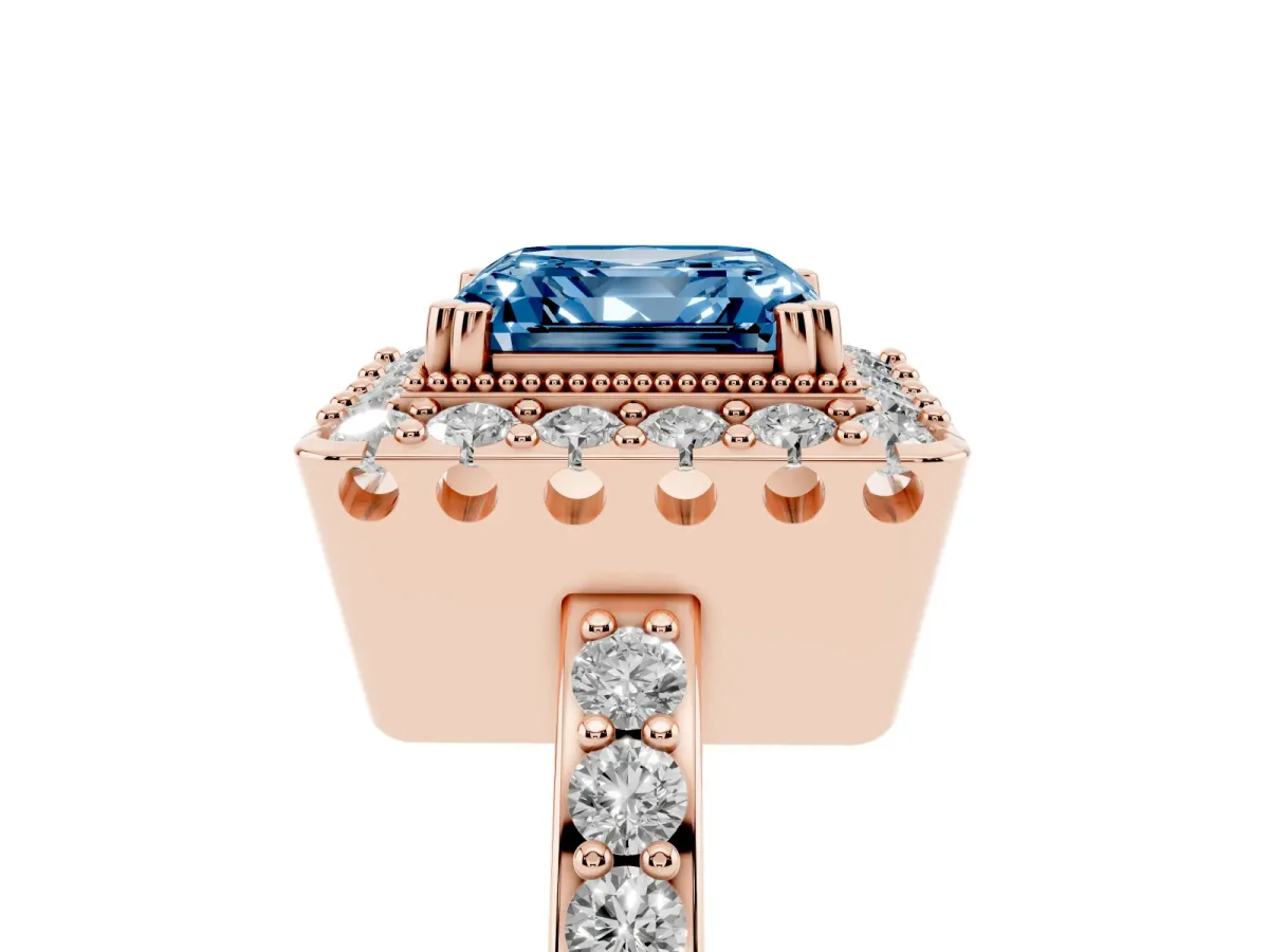 Fancy Blue Asscher Cut Diamond Halo Ring with Pavé Band and Prong Setting Rose gold