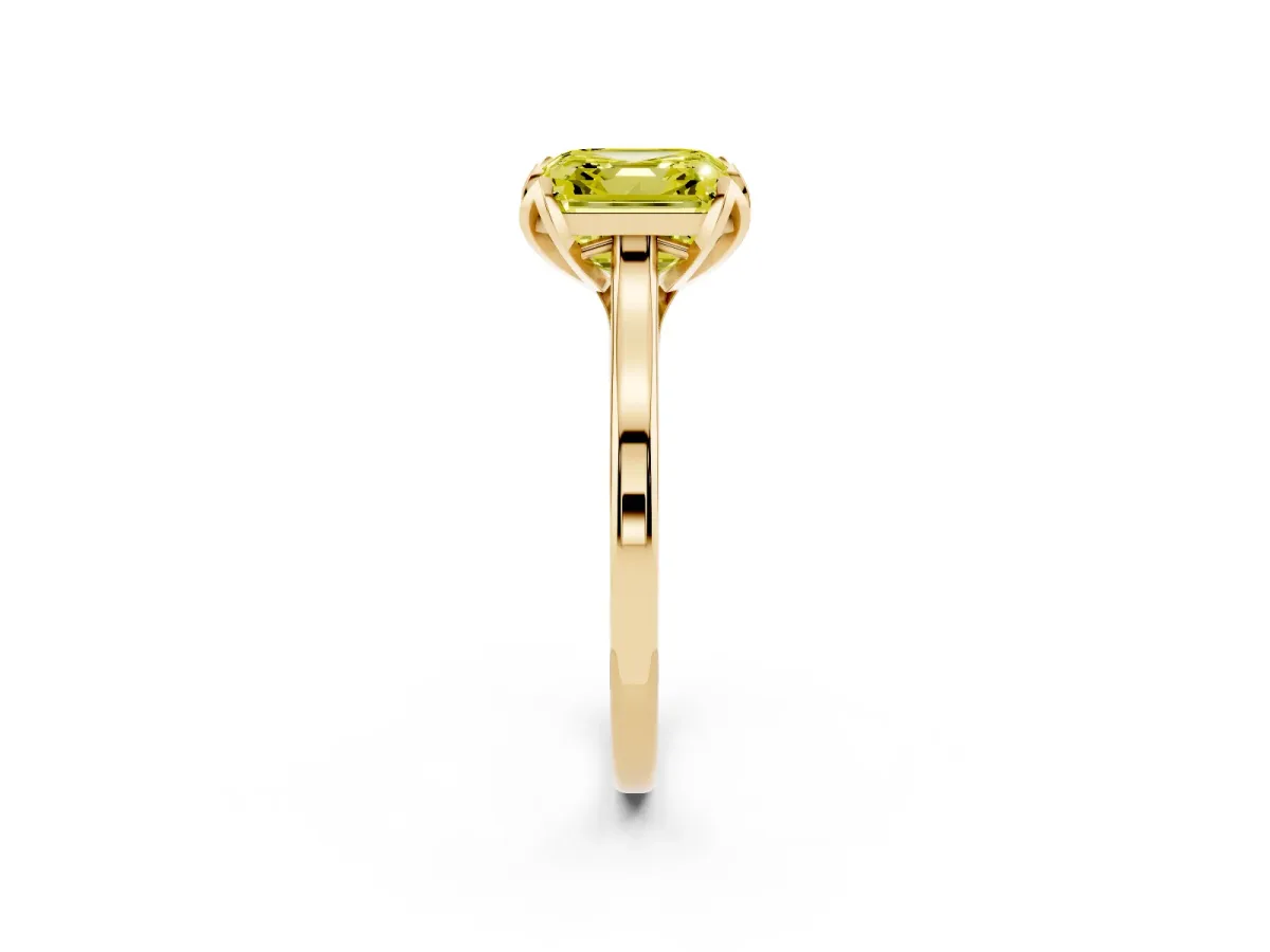 Fancy Yellow Asscher Cut Diamond Solitaire Ring with Flower Prong Setting and Classic Band Yellow gold