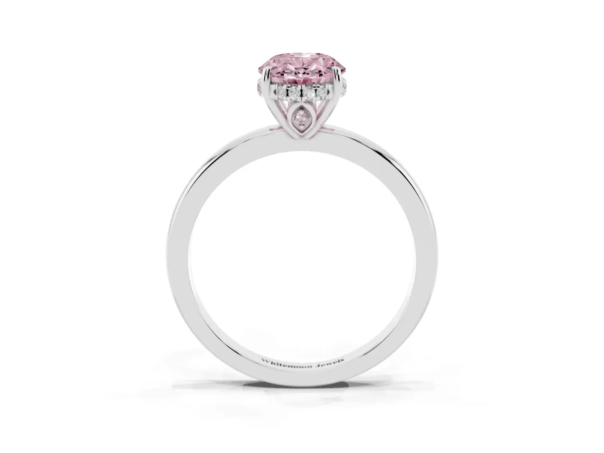 Fancy Pink Oval Cut Solitaire Diamond Ring with Prong Setting and Plain Band Silver