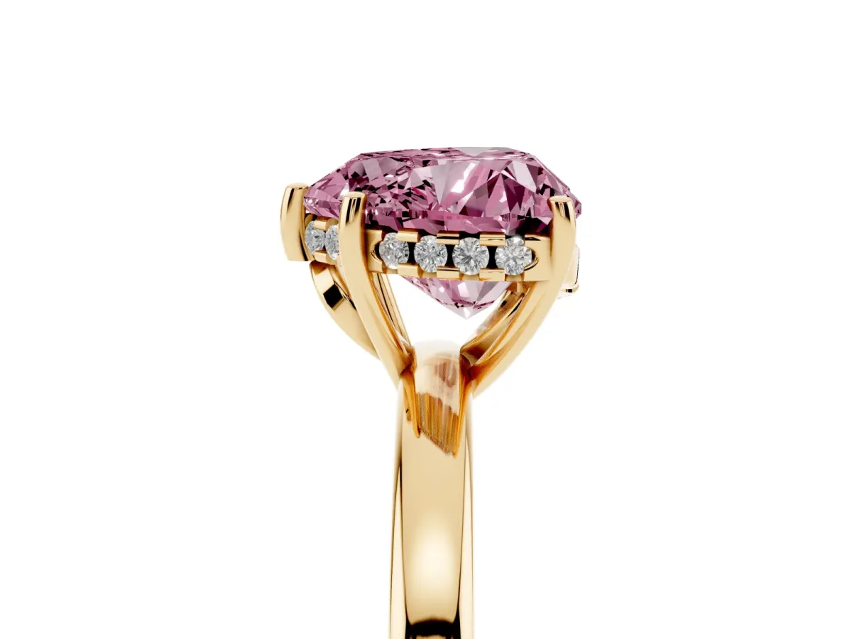 Fancy Pink Heart Cut Solitaire Diamond Ring with Prong Setting and Plain Band Yellow gold