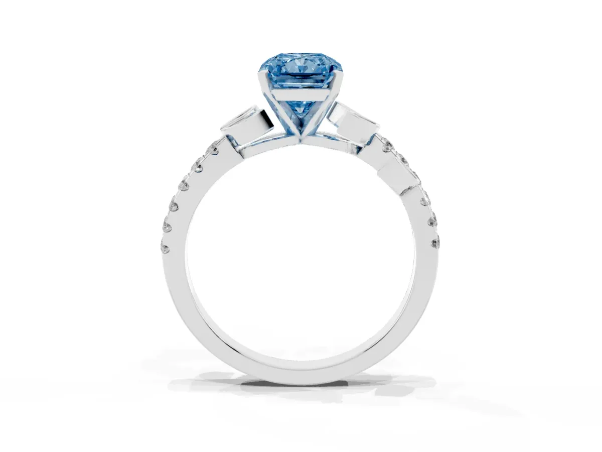 Fancy Blue Radiant Cut Solitaire Leaf-Inspired Diamond Ring with Pavé Band and Four-Prong Setting Silver