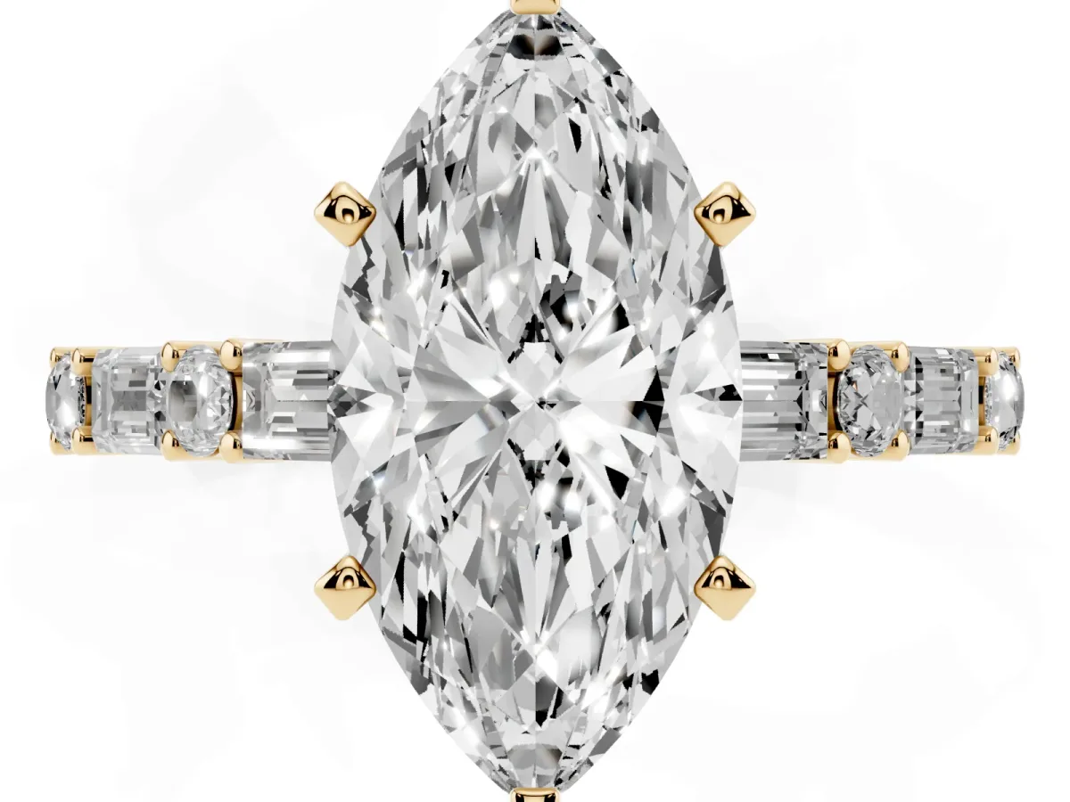 Marquise Cut Diamond Solitaire with Side Baguettes and Channel Set Band Yellow gold
