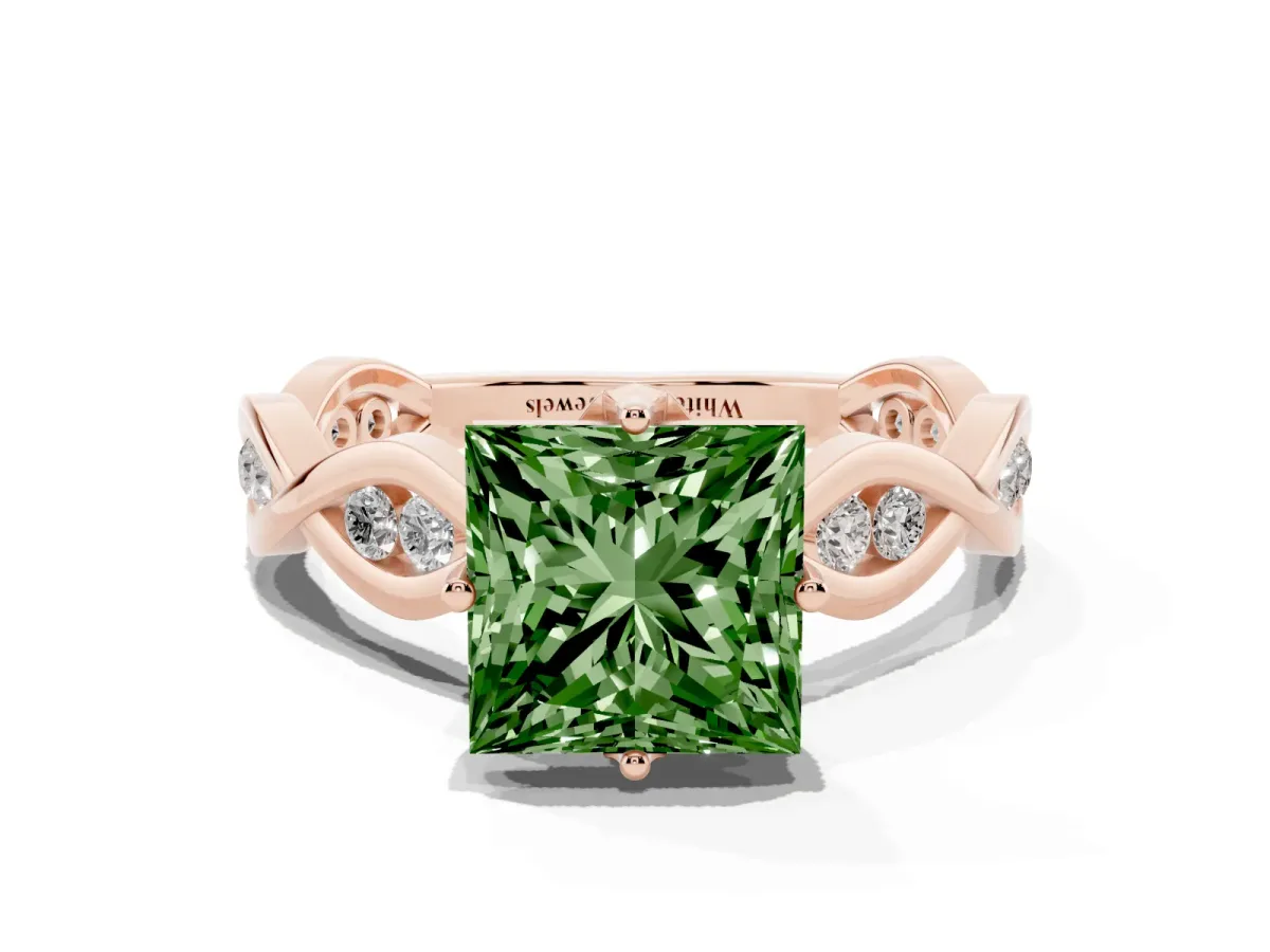 Fancy Green Princess Cut Solitaire Twist Band with Leaf Prong Setting Rose gold