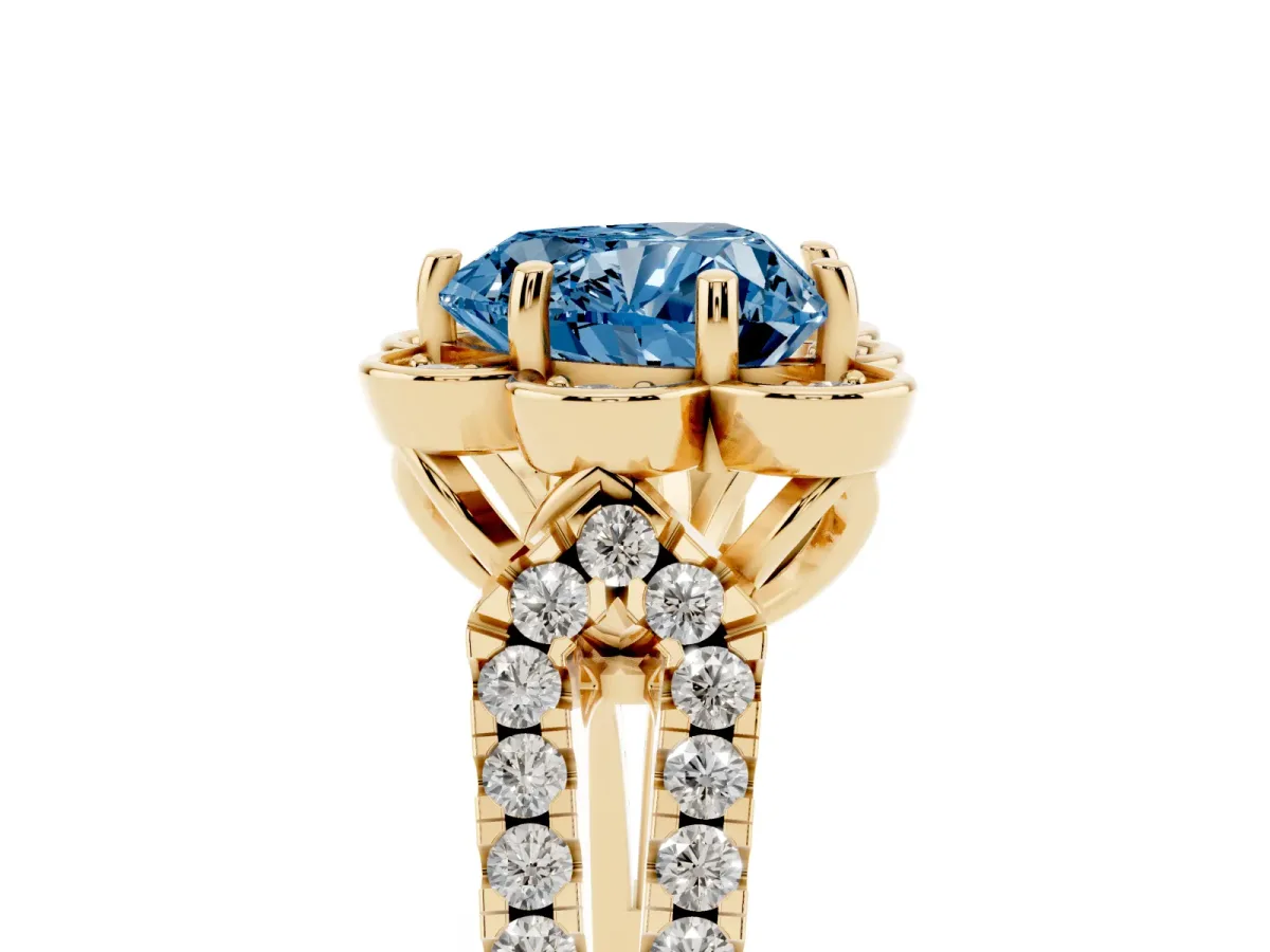 Fancy Blue Heart Cut Halo Diamond Floral Split Shank Engagement Ring Yellow gold