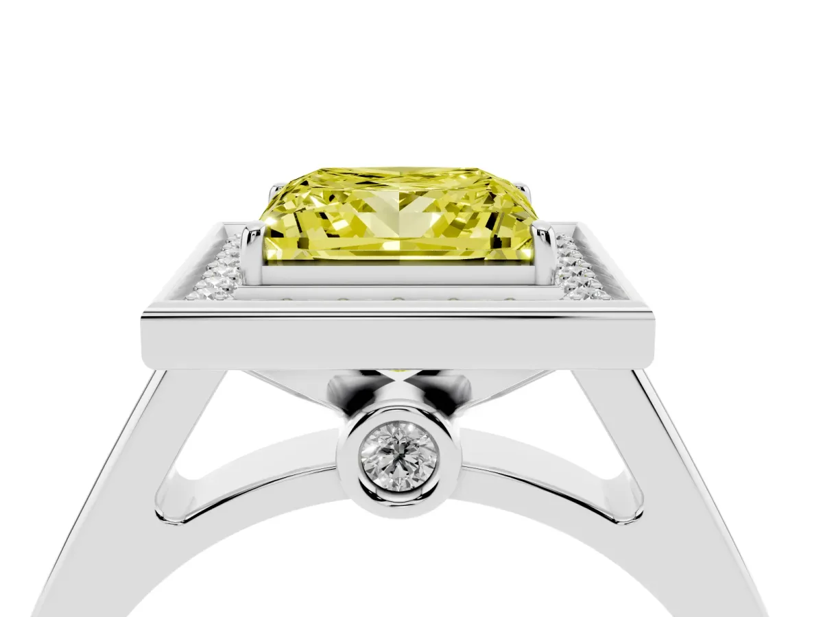 Fancy Yellow Princess Cut Halo Solitaire Diamond Ring with Pave Band and Bezel Setting Platinum