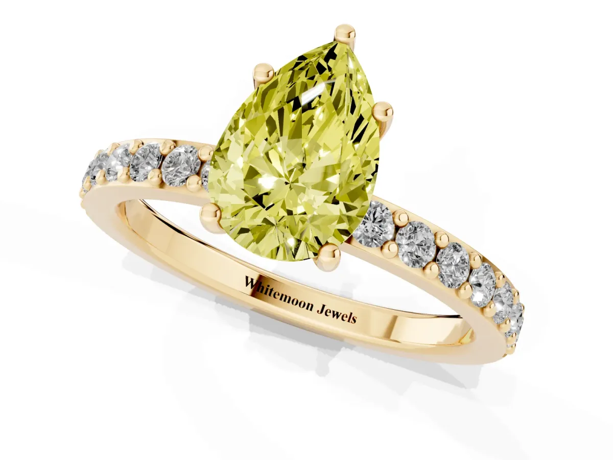 Fancy Yellow Pear Cut Cut Diamond Solitaire with Pave Band and Four-Prong Setting Yellow gold