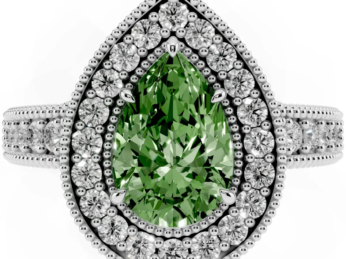Fancy Green Pear Cut Cut Halo Diamond Ring with Pavé Band and Four-Prong Setting Platinum