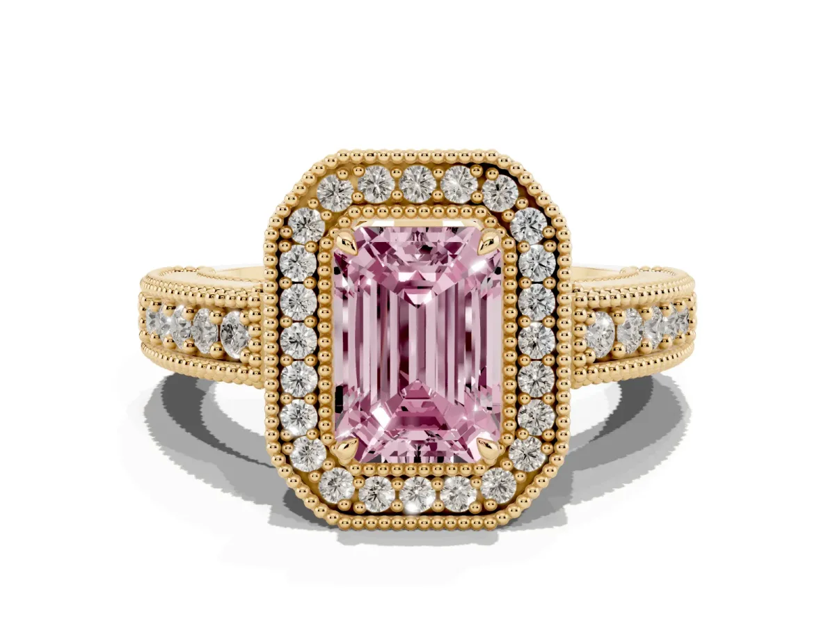 Fancy Pink Emerald Cut Cut Halo Diamond Ring with Pavé Band and Four-Prong Setting Yellow gold