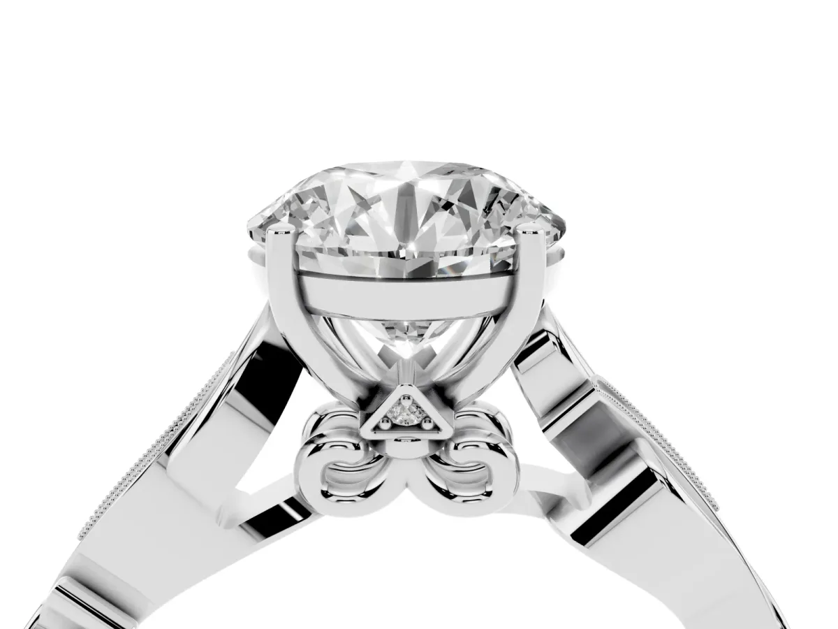 Round Cut Solitaire Vine Band with Milgrain Prong Setting White gold
