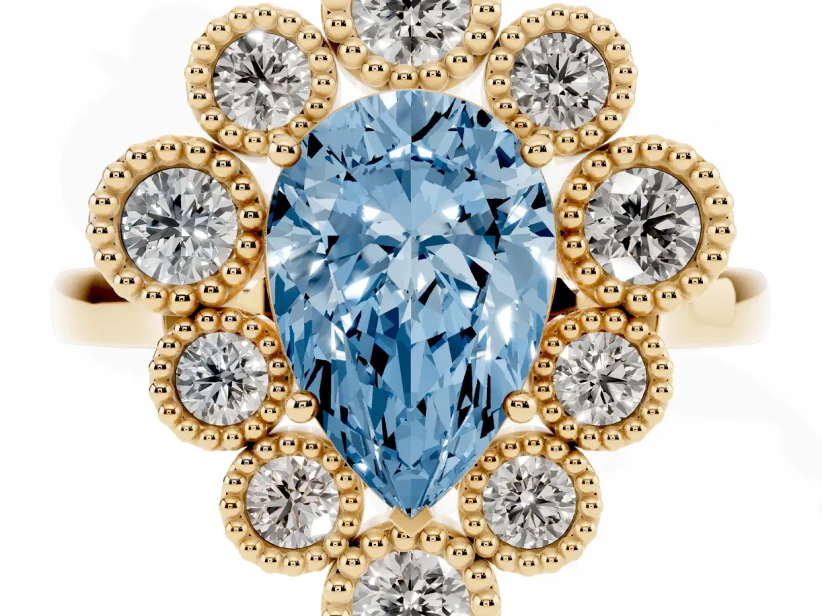 Fancy Blue Pear Cut Halo Diamond Cluster Engagement Ring with Milgrain Bezel Setting and Solitaire Band Yellow gold