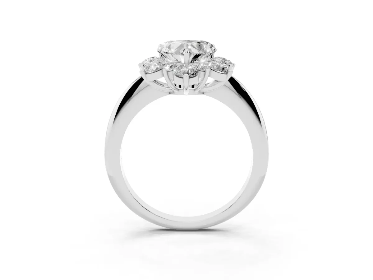 Heart Cut Diamond Cluster Halo Ring with Solitaire Band and Four-Prong Setting Platinum