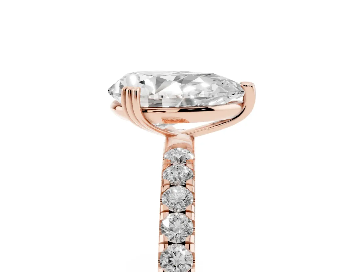 Pear Cut Brilliant Solitaire with Pavé Band and Claw Prong Setting Rose gold