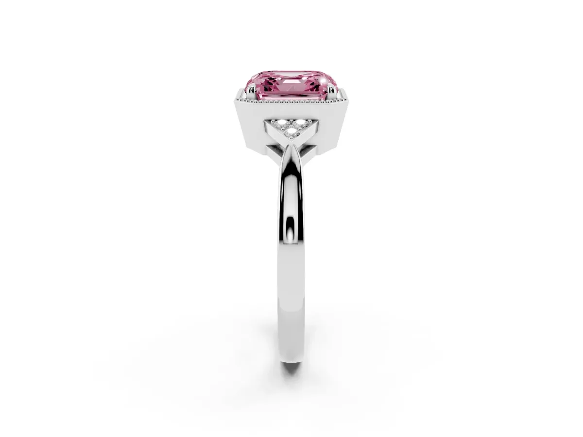 Fancy Pink Hexagonal Halo Asscher Cut Diamond Solitaire with Pavé Band and Four-Prong Setting Silver