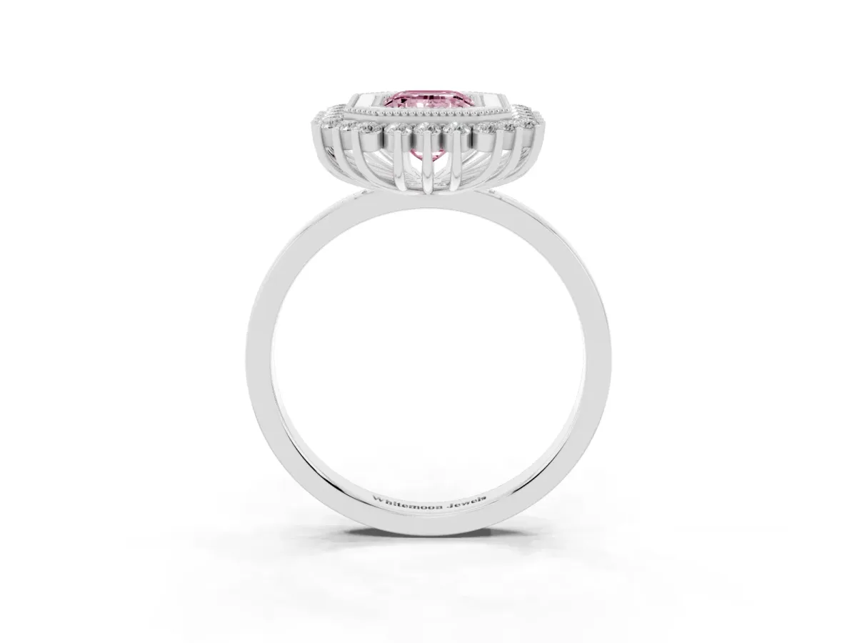 Fancy Pink Emerald Cut Halo Diamond Ring with Milgrain Edge and Round Prong Setting Silver