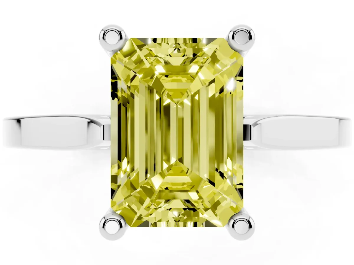 Fancy Yellow Emerald Cut Solitaire Diamond Ring with Four-Prong Setting and Tapered Band Silver