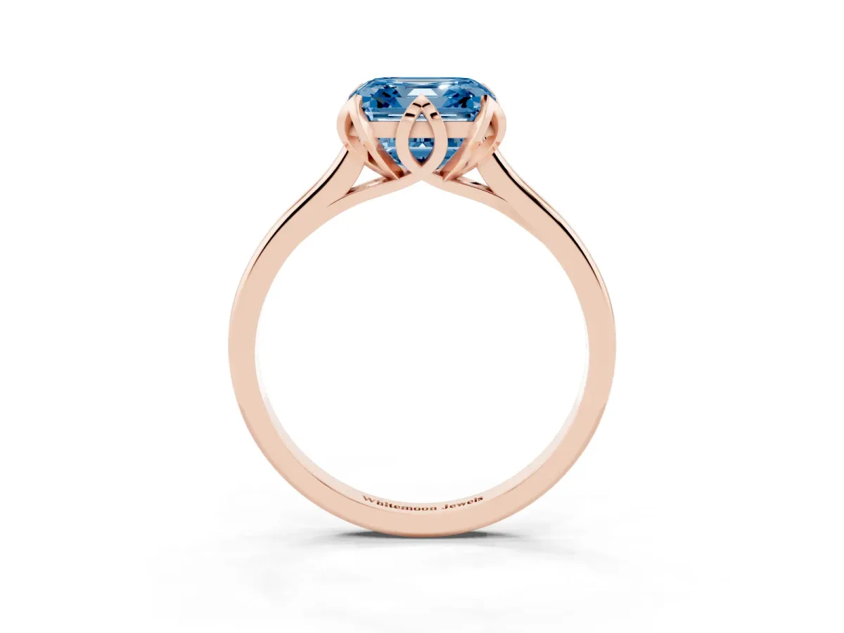 Fancy Blue Asscher Cut Diamond Solitaire Ring with Flower Prong Setting and Classic Band Rose gold