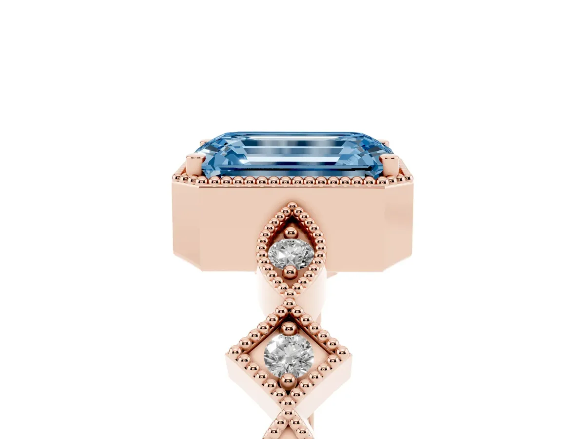 Fancy Blue Emerald Cut Milgrain Marquise Diamond Twist Band Ring Rose gold