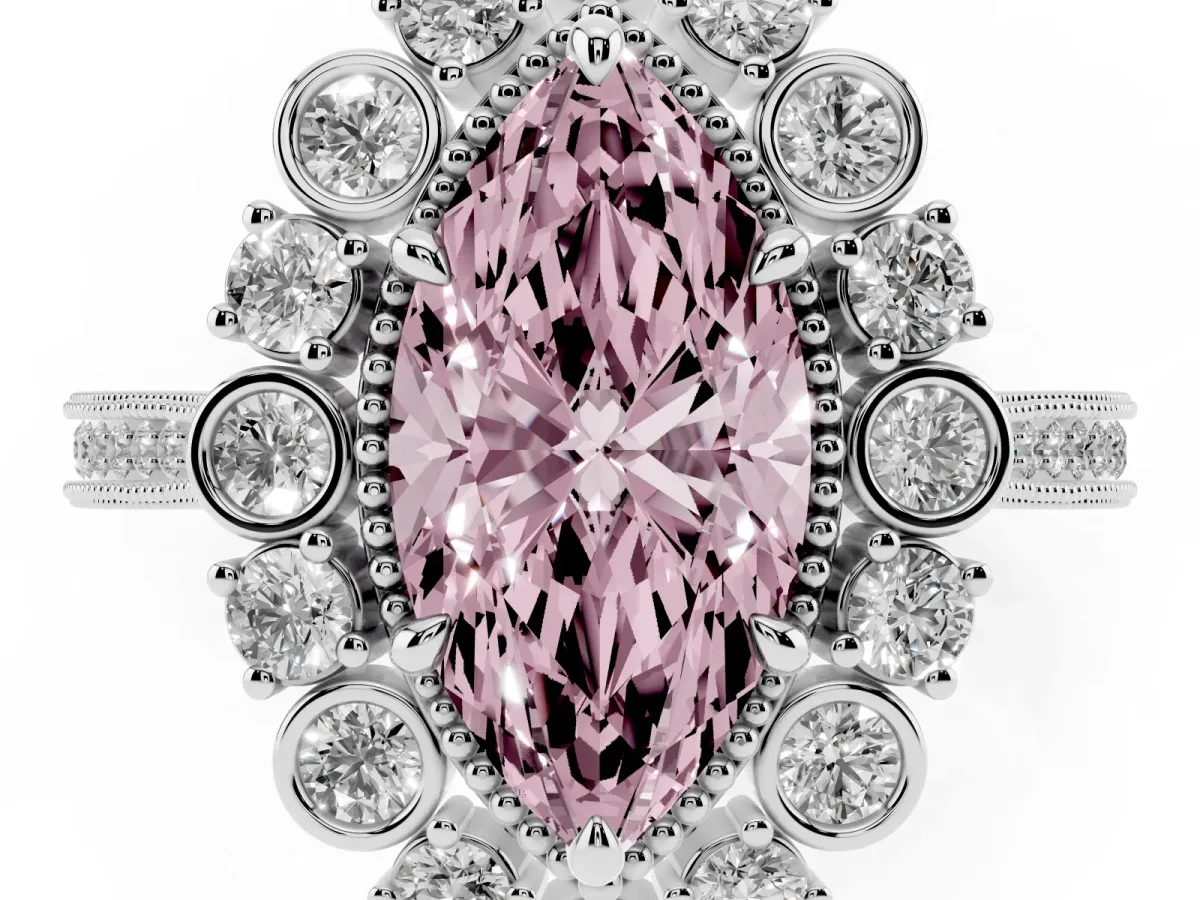 Fancy Pink Marquise Cut Halo Milgrain Pave Diamond Ring with Four-Prong Setting Platinum