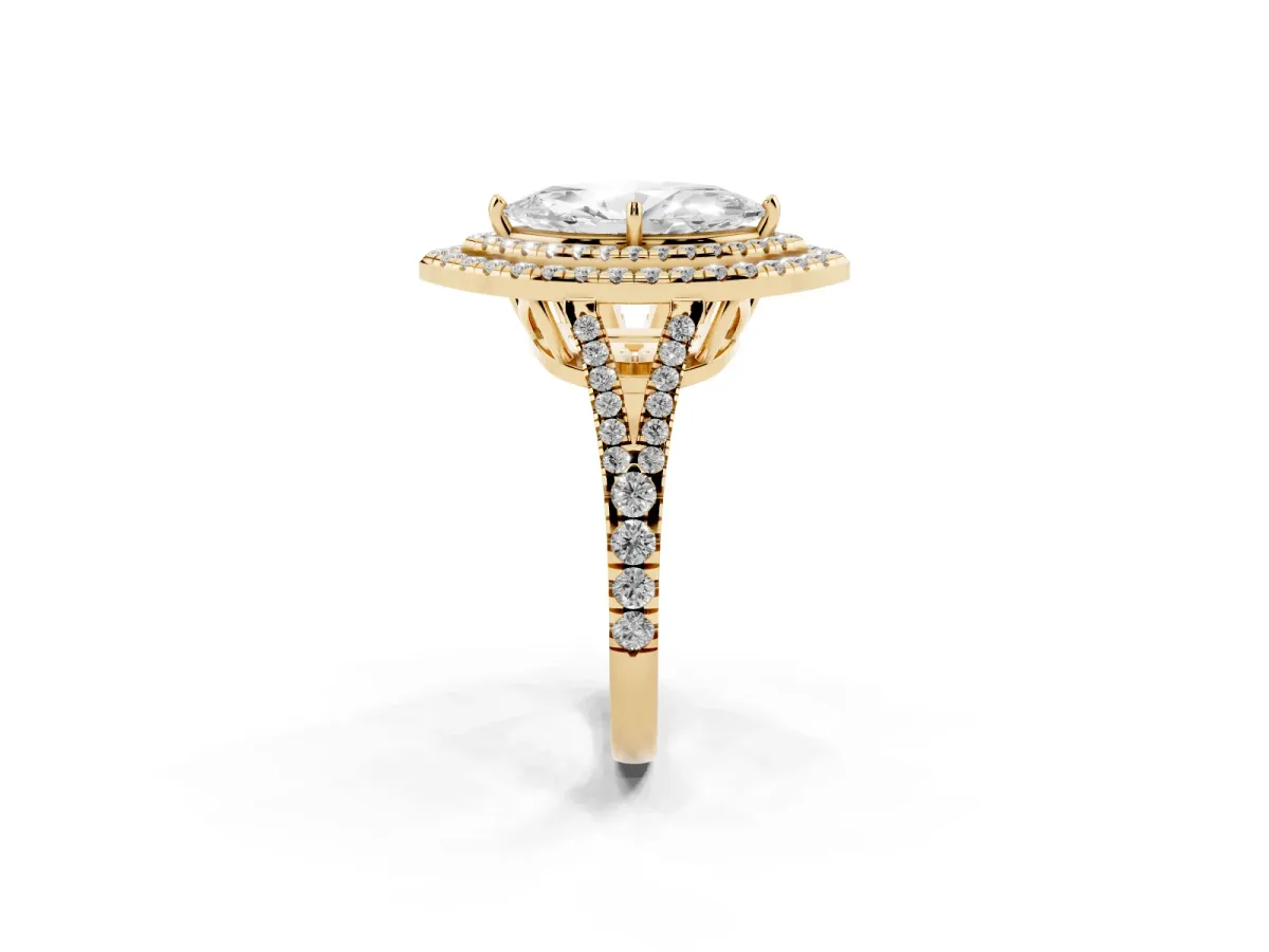 Marquise Cut Diamond Double Halo Ring with Pavé Band and Prong Setting Yellow gold