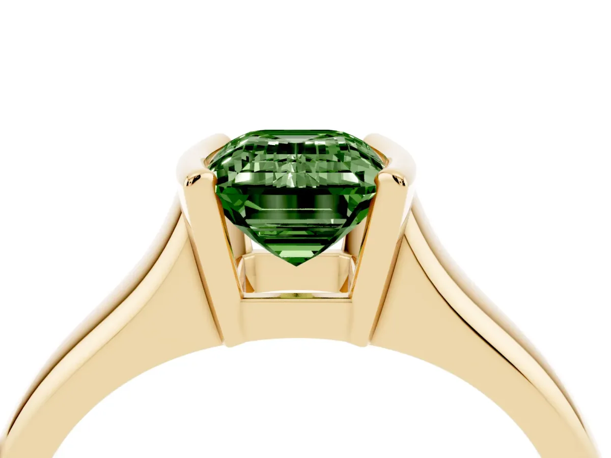 Fancy Green Emerald Cut Solitaire Tension Set Diamond Ring with Split Shank Band Yellow gold