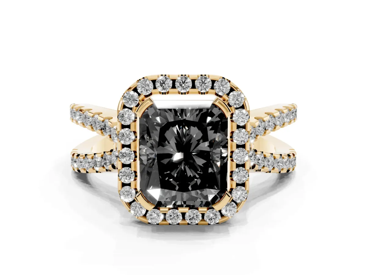 Fancy Black Radiant Cut Diamond Halo Ring with Split Shank Pavé Band and Prong Setting Yellow gold