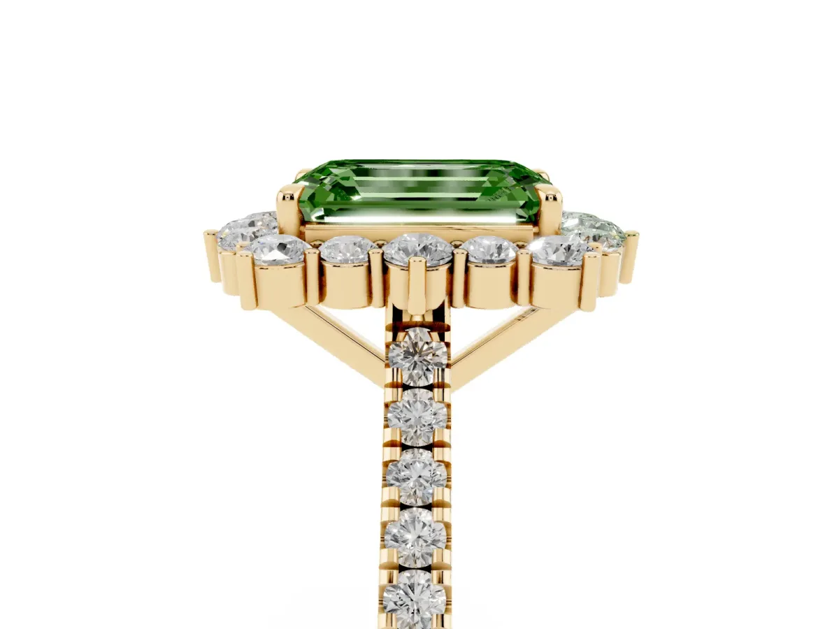 Fancy Green Emerald Cut Halo Diamond Ring with Pavé Band and Prong Setting Yellow gold