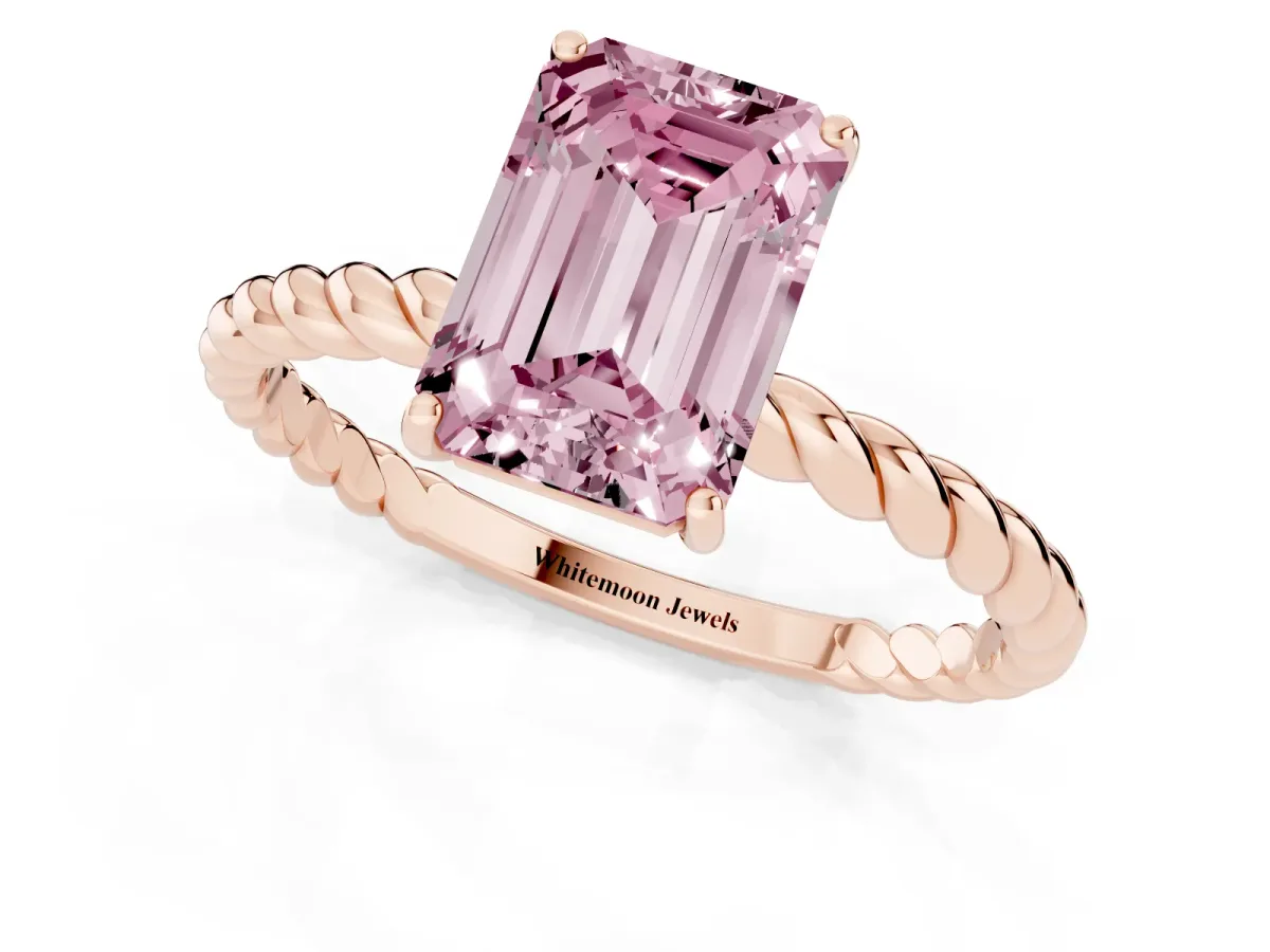 Fancy Pink Emerald Cut Solitaire Twist Band Ring with Four-Prong Setting Rose gold