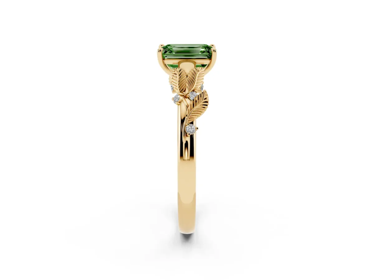 Fancy Green Emerald Cut Diamond Solitaire Ring with Leaf Motif Band and Four-Prong Setting Yellow gold
