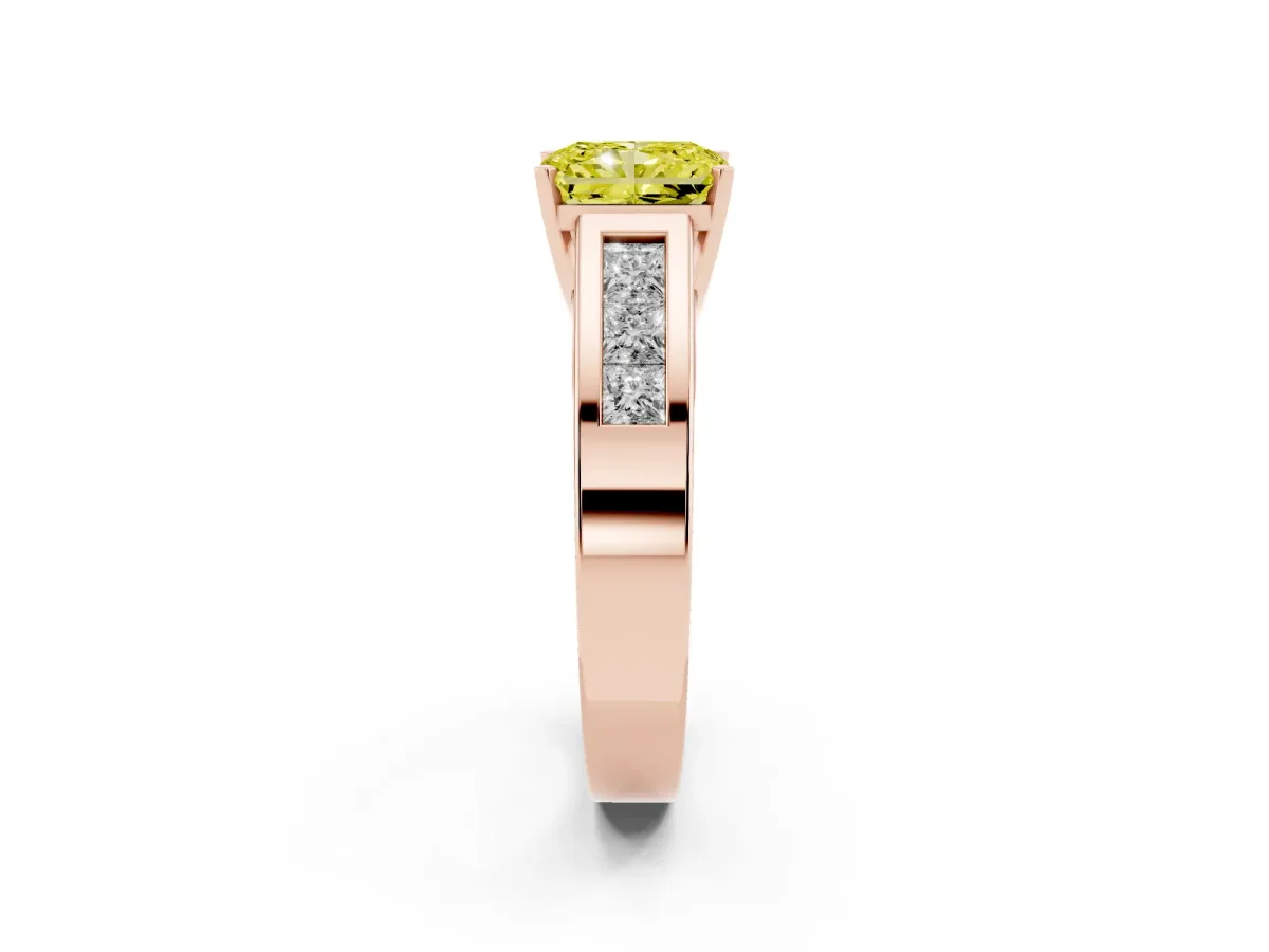 Fancy Yellow Radiant Cut Cut Channel Set Solitaire Ring with Four-Prong Setting Rose gold
