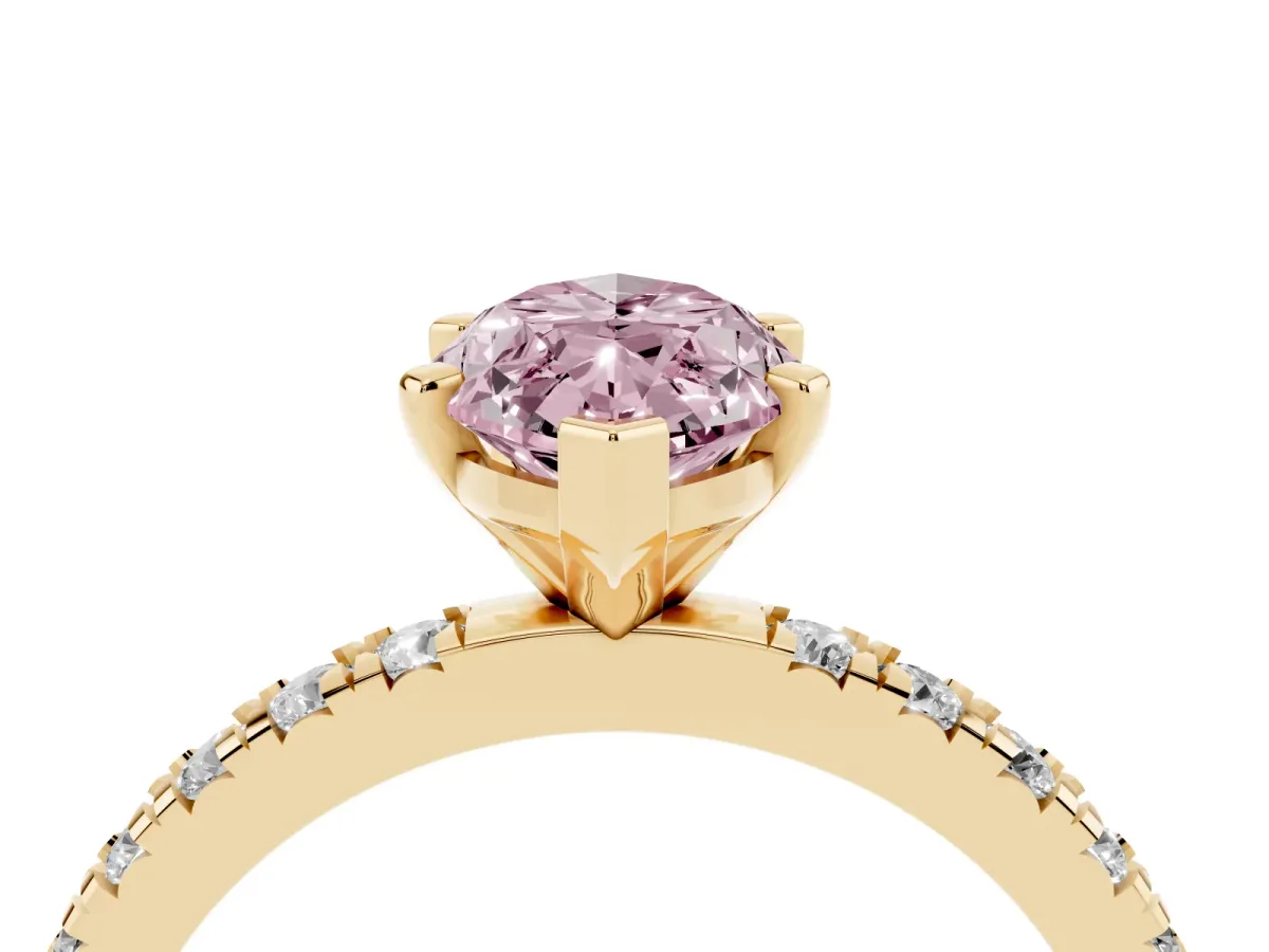 Fancy Pink Marquise Cut Diamond Pavé Band Solitaire with Four-Prong Setting Yellow gold