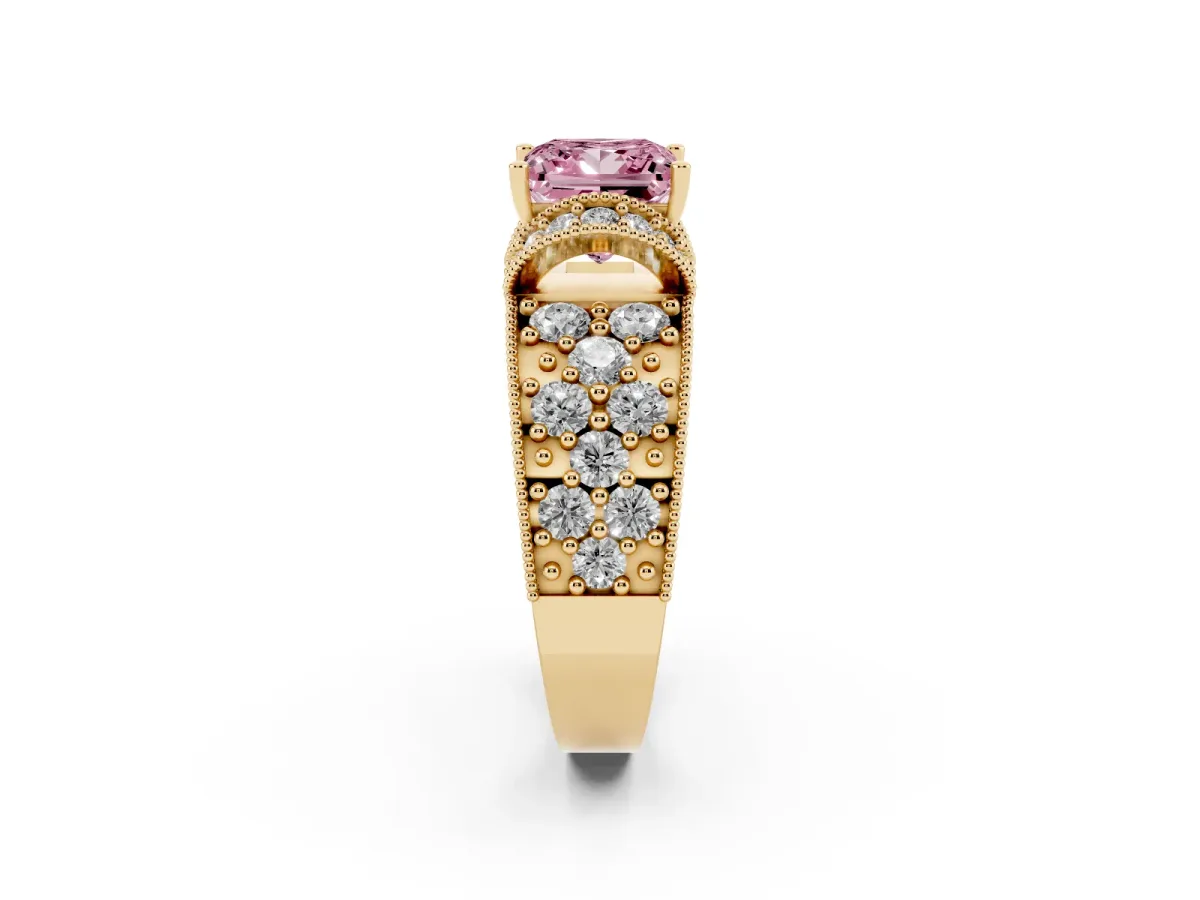 Fancy Pink Princess Cut Halo Pave Diamond Engagement Ring with Milgrain Detailing Yellow gold