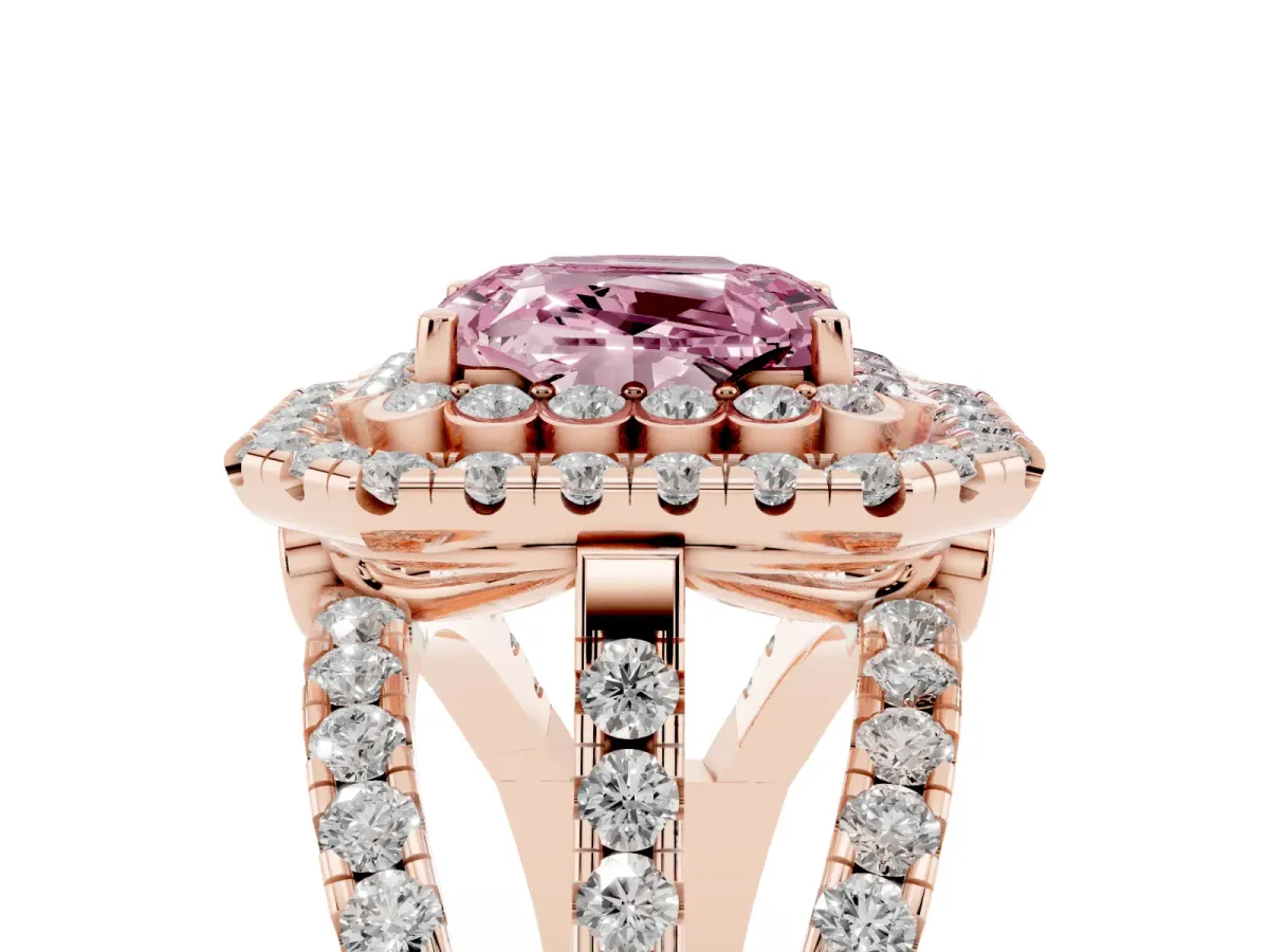 Fancy Pink Emerald Cut Diamond Double Halo Ring with Round Pavé Split Shank and Prong Setting Rose gold