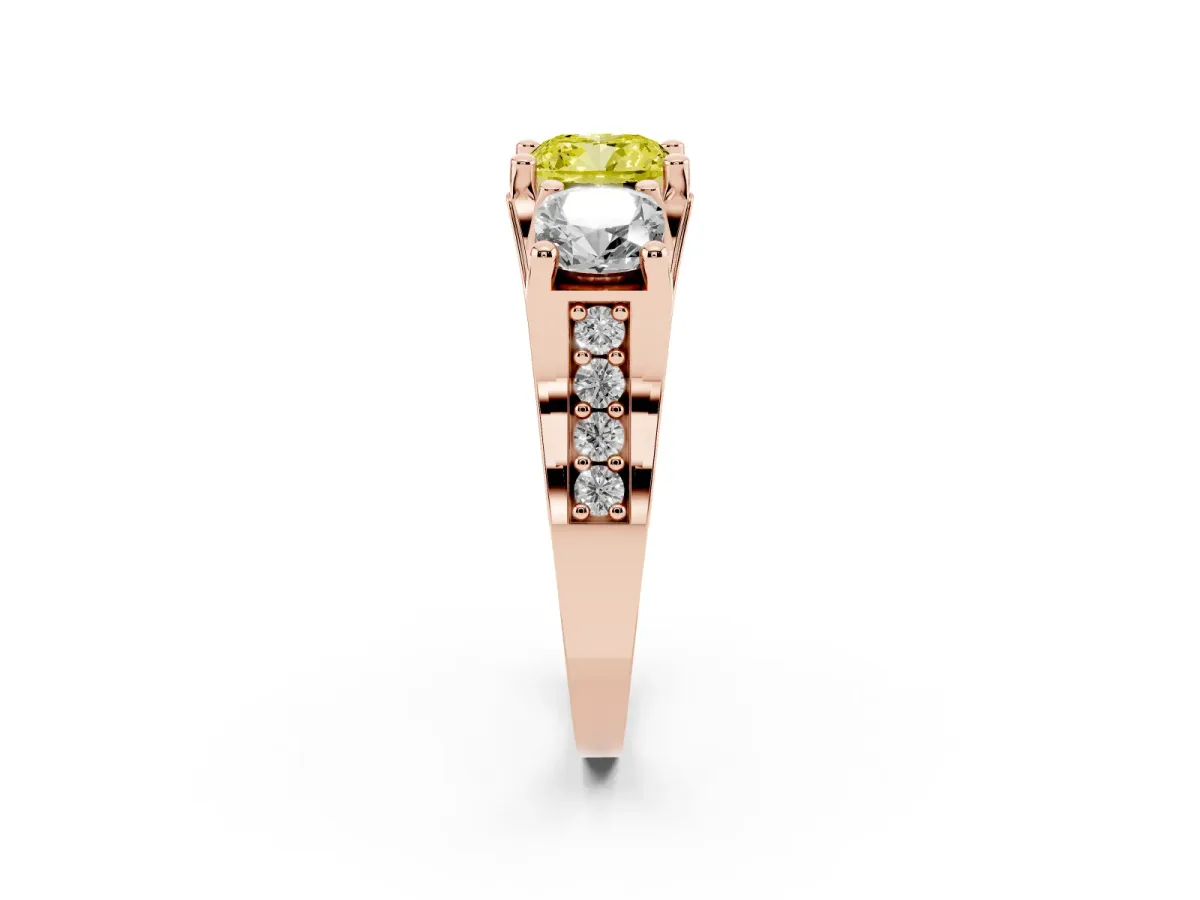 Fancy Yellow Cushion Cut Diamond Three-Stone Ring with Channel Set Band and Four-Prong Setting Rose gold