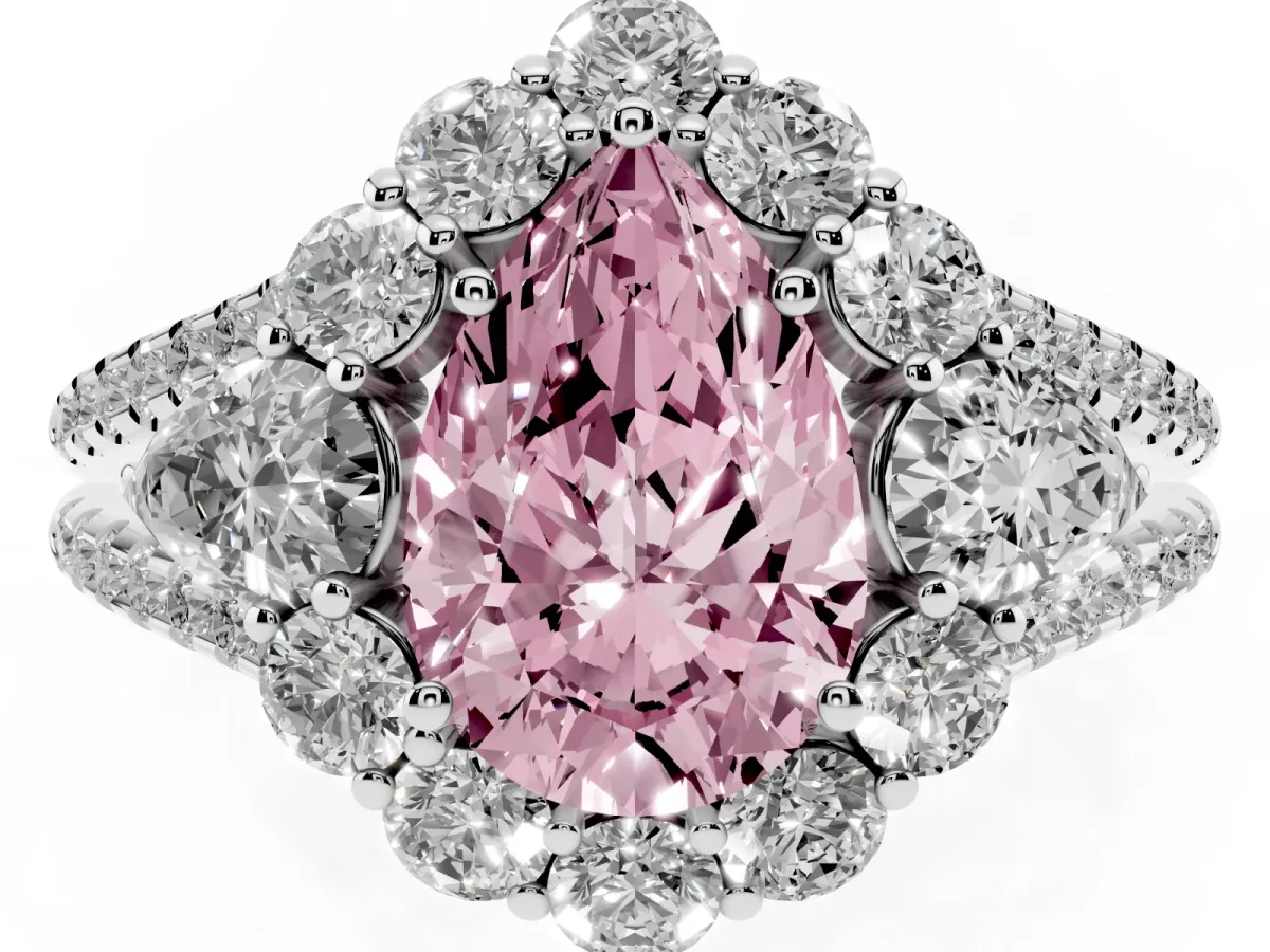 Fancy Pink Pear Cut Halo Split Shank Diamond Engagement Ring with Prong Setting Platinum